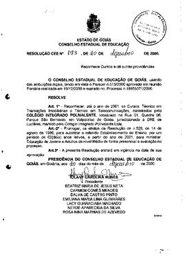 Resolução n. 193 de 20 de dez. de 2000 : Autorizar o Colégio Integrado Polivalente de Valparaíso,...