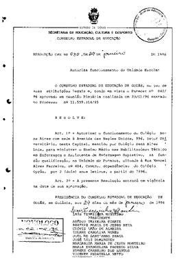 Resolução n. 30 de 29 de jan. de 1996 : Autorizar o funcionamento do Colégio Sena Aires, nesta ca...