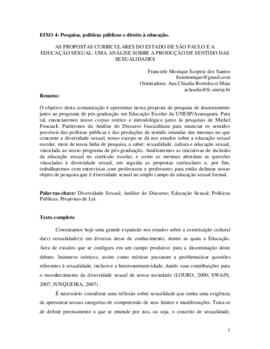 As propostas curriculares do estado de São Paulo e a educação sexual: uma análise sobre a produçã...