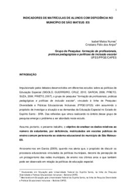 Indicadores de matrículas de alunos com deficiência no município de São Mateus /ES.