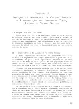 Resoluções do I Encontro Nacional de Alfabetização e Cultura Popular. Comissão A.